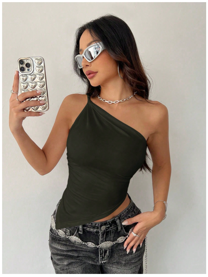 Crop top verde oscuro un hombro corte asimetrico - 5458