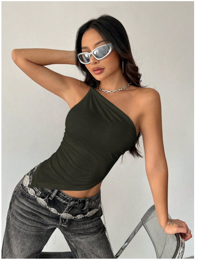 Crop top verde oscuro un hombro corte asimetrico - 5458