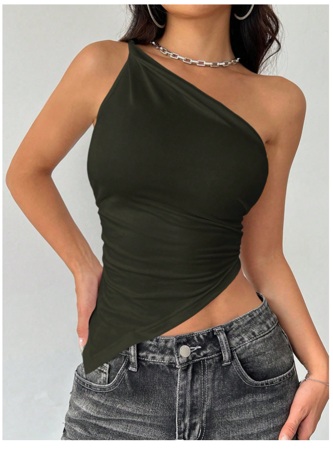 Crop top verde oscuro un hombro corte asimetrico - 5458