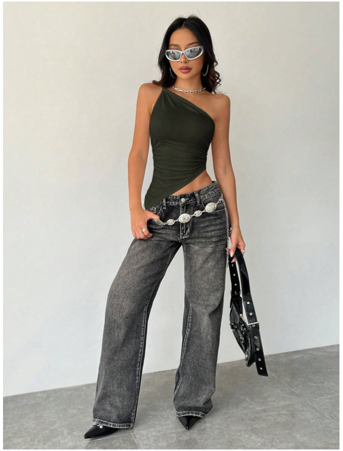 Crop top verde oscuro un hombro corte asimetrico - 5458