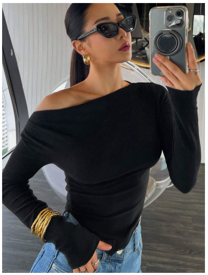 Crop top negro manga larga corte asimetrico - 5502