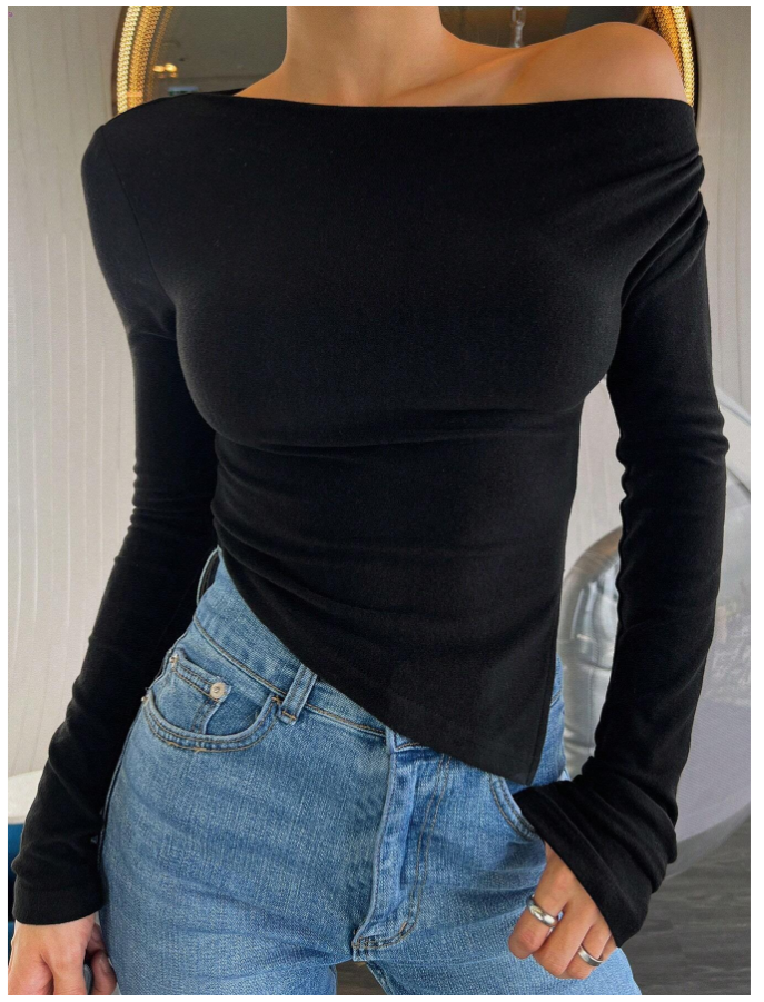 Crop top negro manga larga corte asimetrico - 5502
