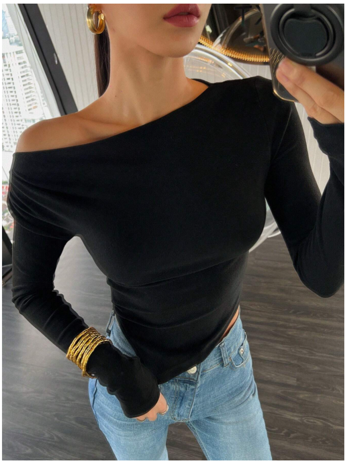 Crop top negro manga larga corte asimetrico - 5502