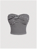 Crop top a rayas blanco & negro nudo frontal - 5504