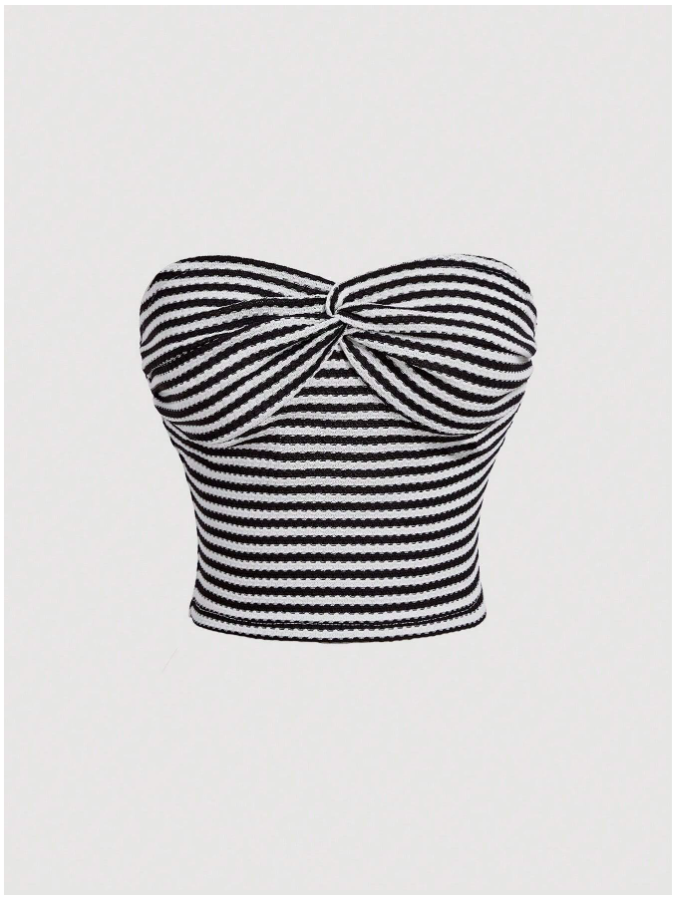 Crop top a rayas blanco & negro nudo frontal - 5504