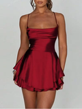 Vestido burdeos de saten corto tiras cruzadas en espalda - 5539