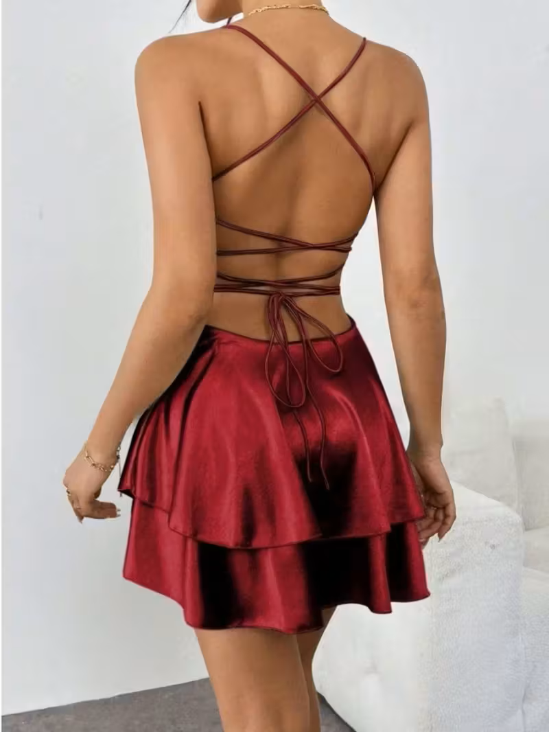 Vestido burdeos de saten corto tiras cruzadas en espalda - 5539