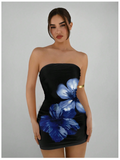 Vestido negro corto estampado flores azules - 5555