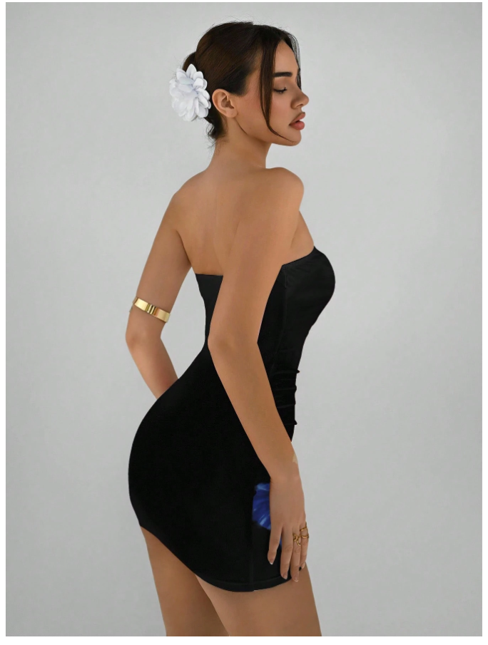 Vestido negro corto estampado flores azules - 5555