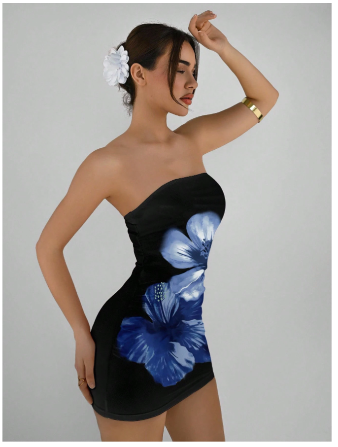 Vestido negro corto estampado flores azules - 5555