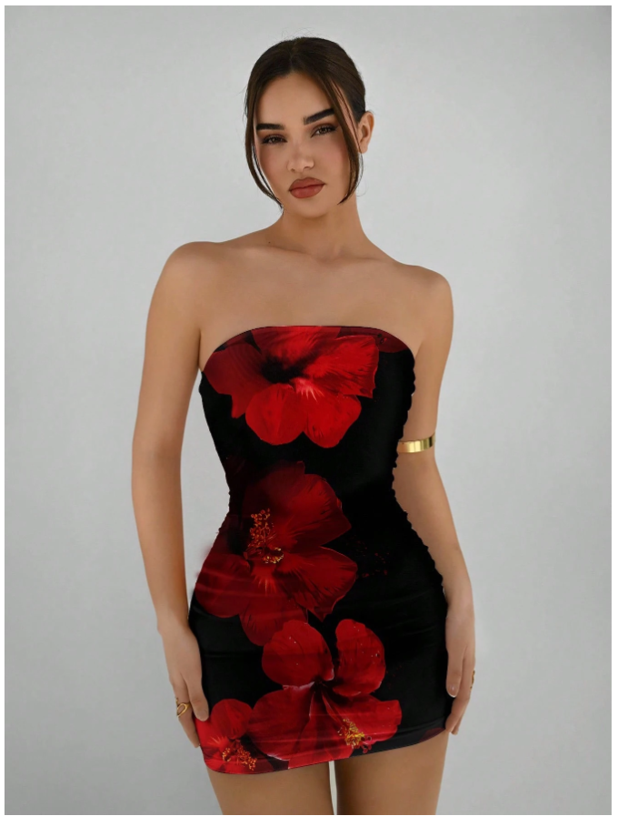 Vestido negro corto estampado flores rojas - 5556