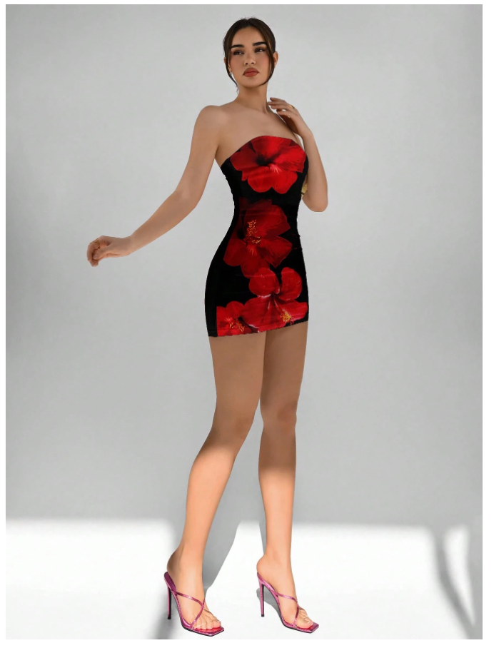 Vestido negro corto estampado flores rojas - 5556