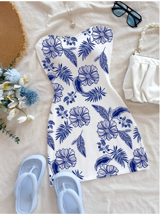 Vestido blanco mini estampado flores azules - 5559