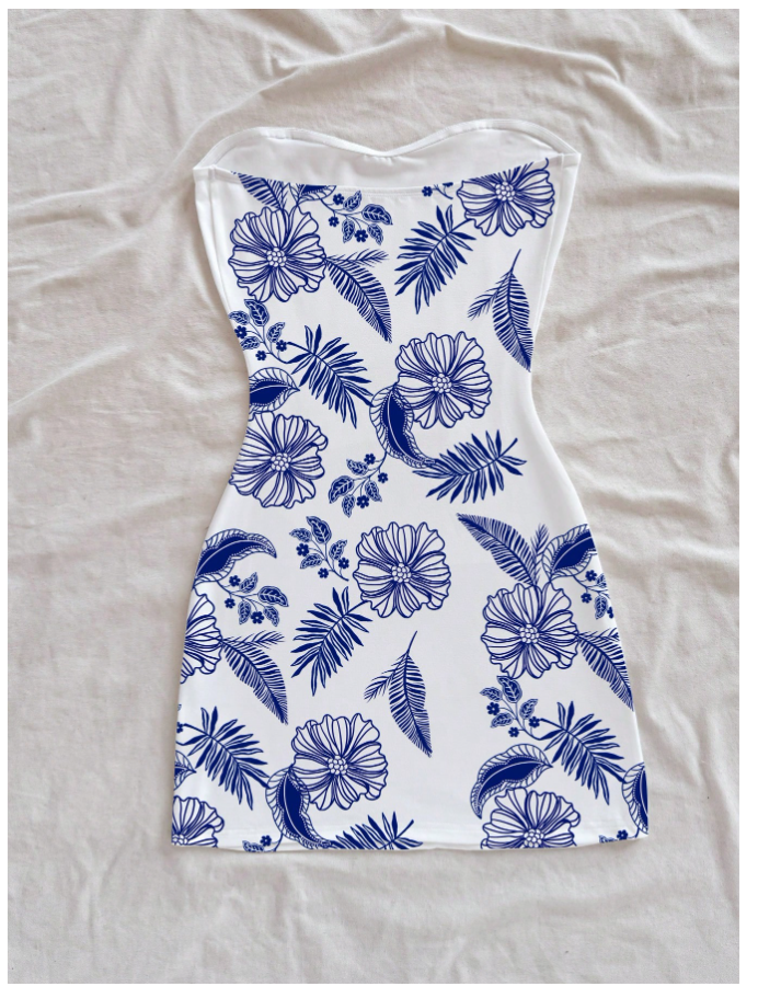 Vestido blanco mini estampado flores azules - 5559