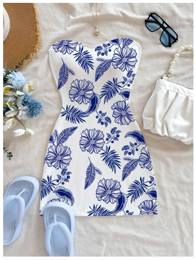 Vestido blanco mini estampado flores azules - 5559