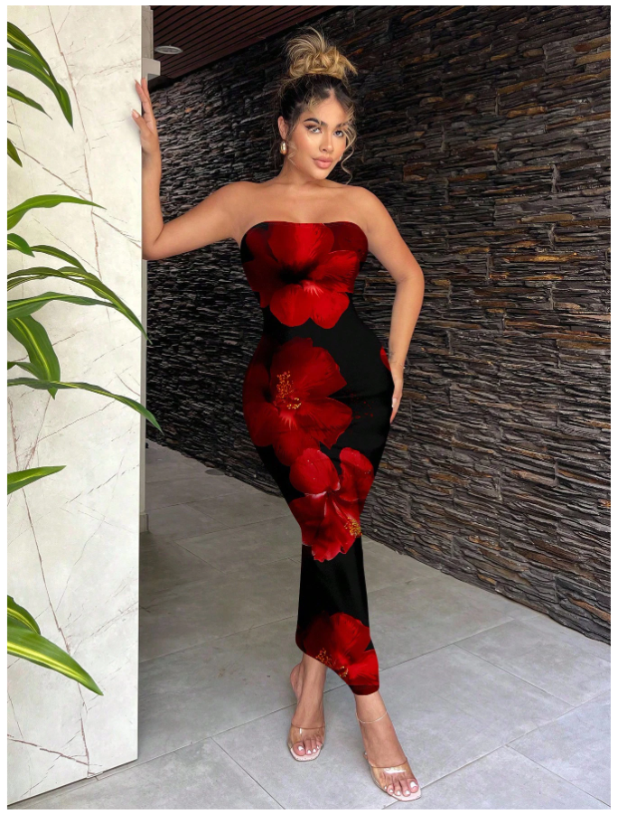 Vestido negro largo estampado flores rojas grandes - 5564