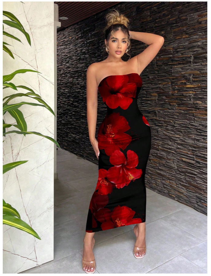 Vestido negro largo estampado flores rojas grandes - 5564