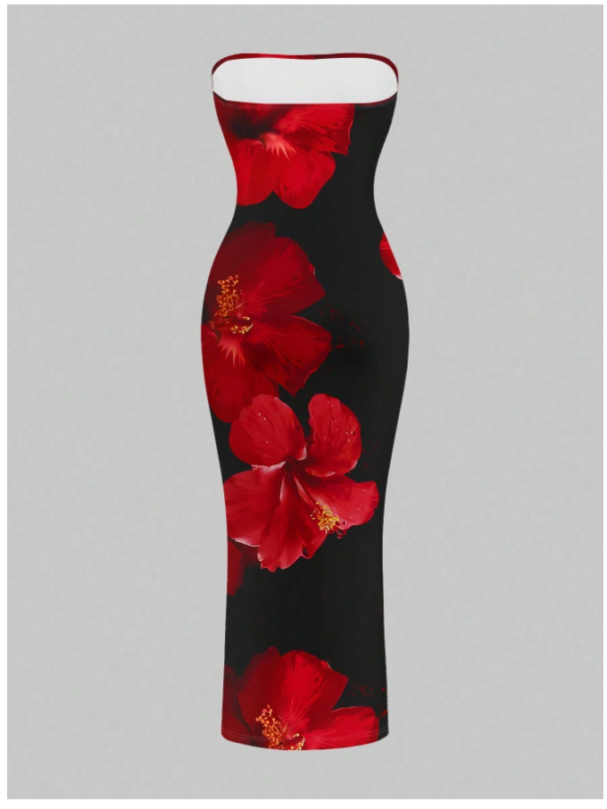 Vestido negro largo estampado flores rojas grandes - 5564