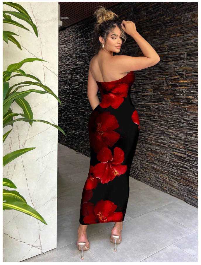 Vestido negro largo estampado flores rojas grandes - 5564