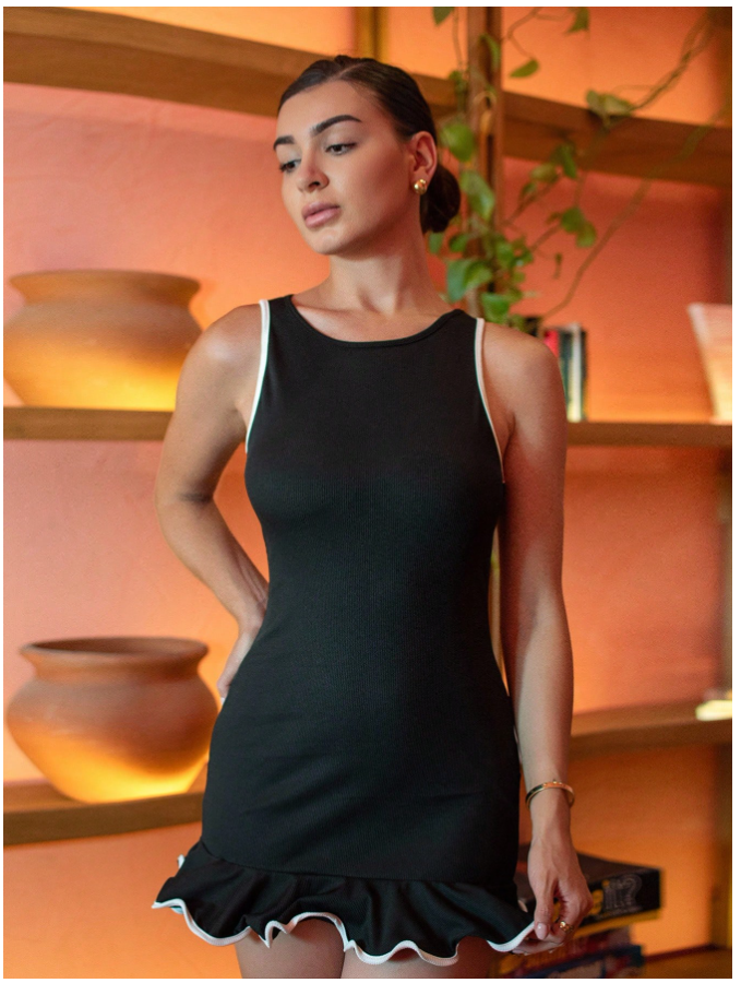 Vestido negro corto bordes blancos - 5591