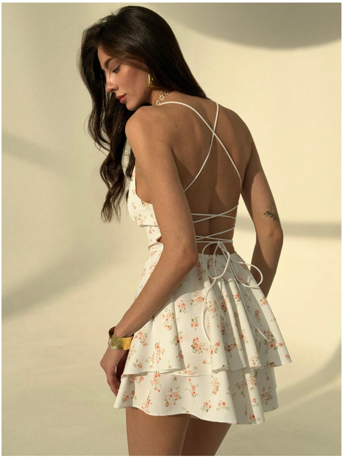 Vestido blanco estampado floral tiras en espalda - 5596