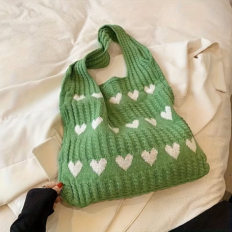 Bolso verde tote estilo tejido corazones caqui - 5635