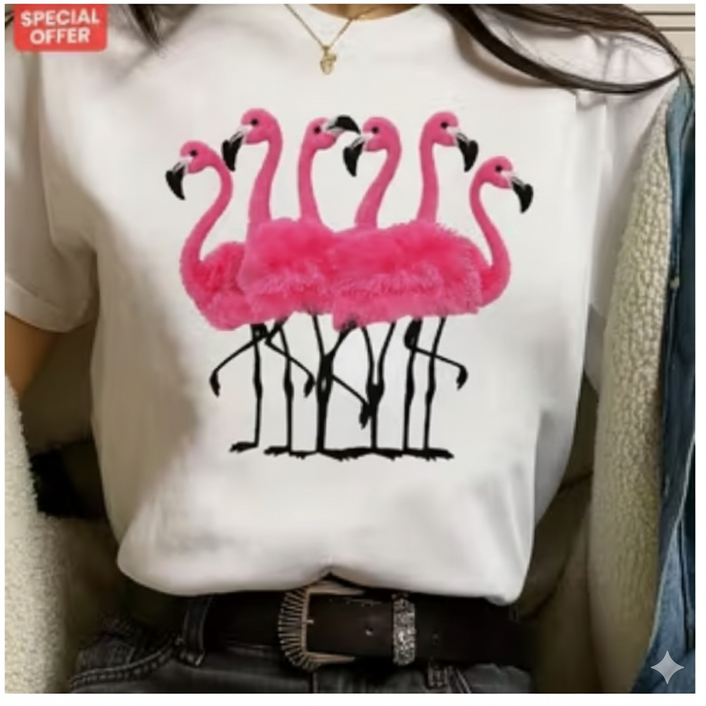 Camisa blanca estampada flamingos 100% algodón & oversize - 5654