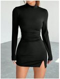 Vestido negro corto manga larga cuello alto - 5670