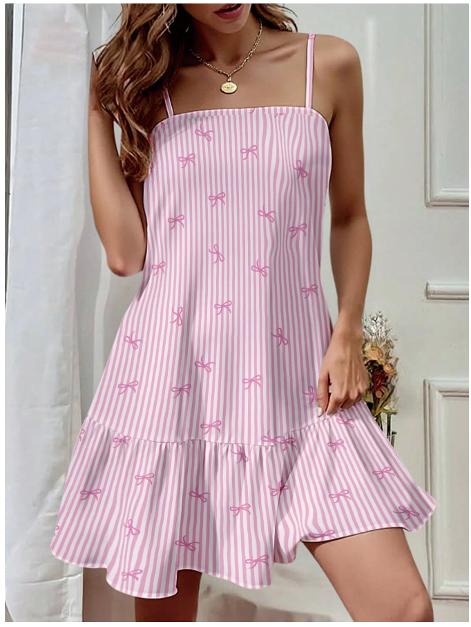 Vestido rosa a rayas de tirantes estampado lazos - 5707