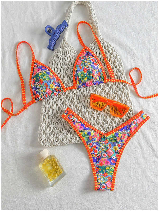 Traje de Baño Dos Piezas Tirantes Naranjas Estampado Floral – Frescura Veraniega - 5743
