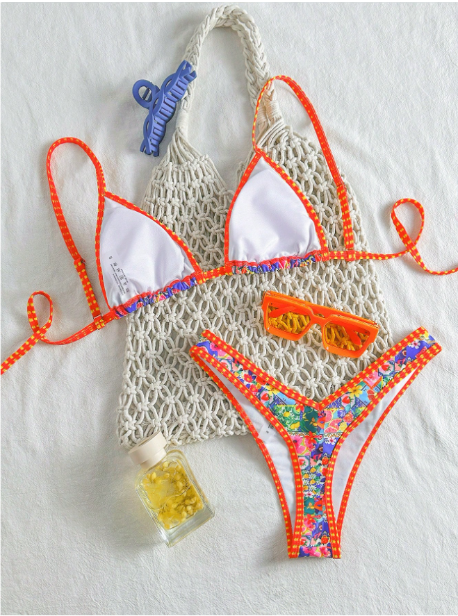 Traje de Baño Dos Piezas Tirantes Naranjas Estampado Floral – Frescura Veraniega - 5743