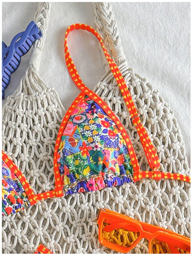 Traje de Baño Dos Piezas Tirantes Naranjas Estampado Floral – Frescura Veraniega - 5743