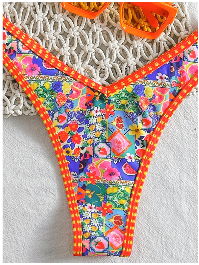 Traje de Baño Dos Piezas Tirantes Naranjas Estampado Floral – Frescura Veraniega - 5743