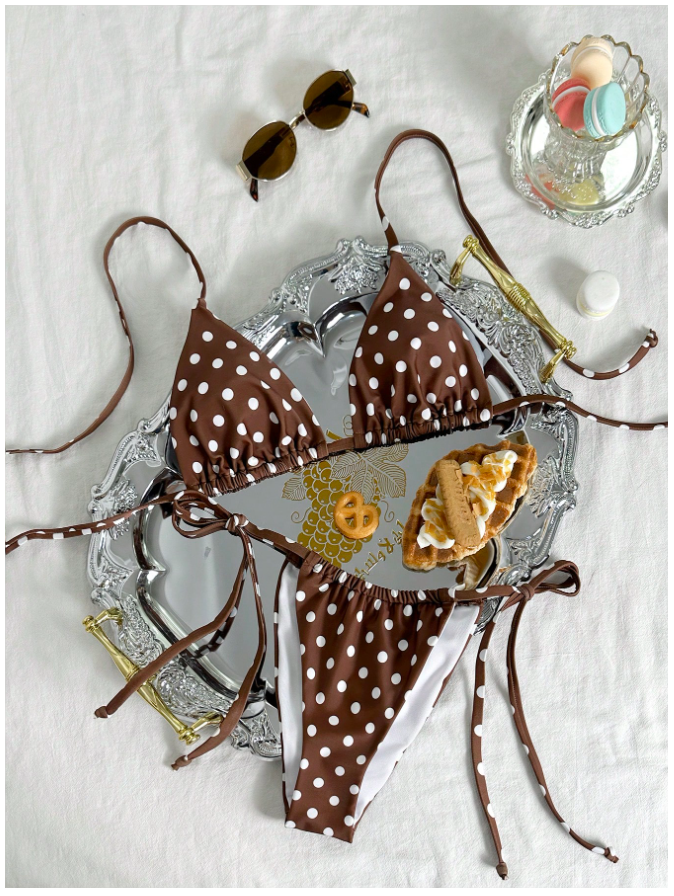Traje de Baño Dos Piezas Marrón Estampado Lunares Blancos – Retro Chic - 5744