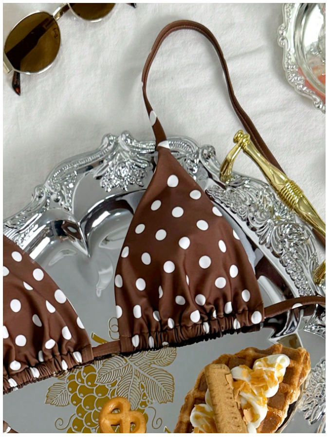 Traje de Baño Dos Piezas Marrón Estampado Lunares Blancos – Retro Chic - 5744