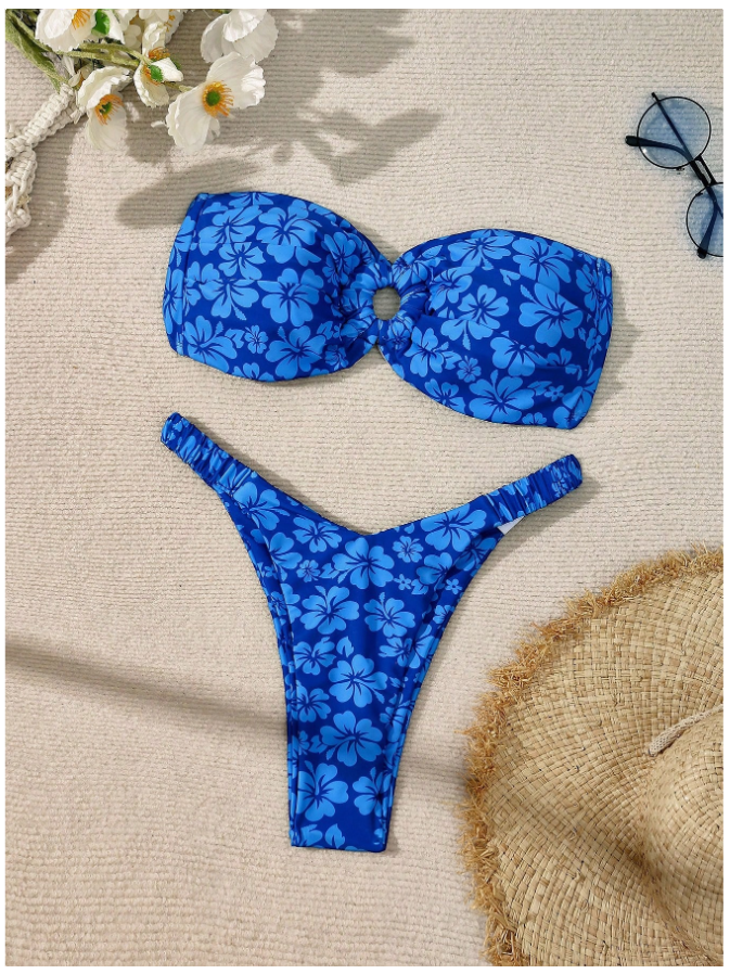 Traje de Baño Dos Piezas Azul Floral Top Sin Tirantes – Moderno y Seguro - 5746