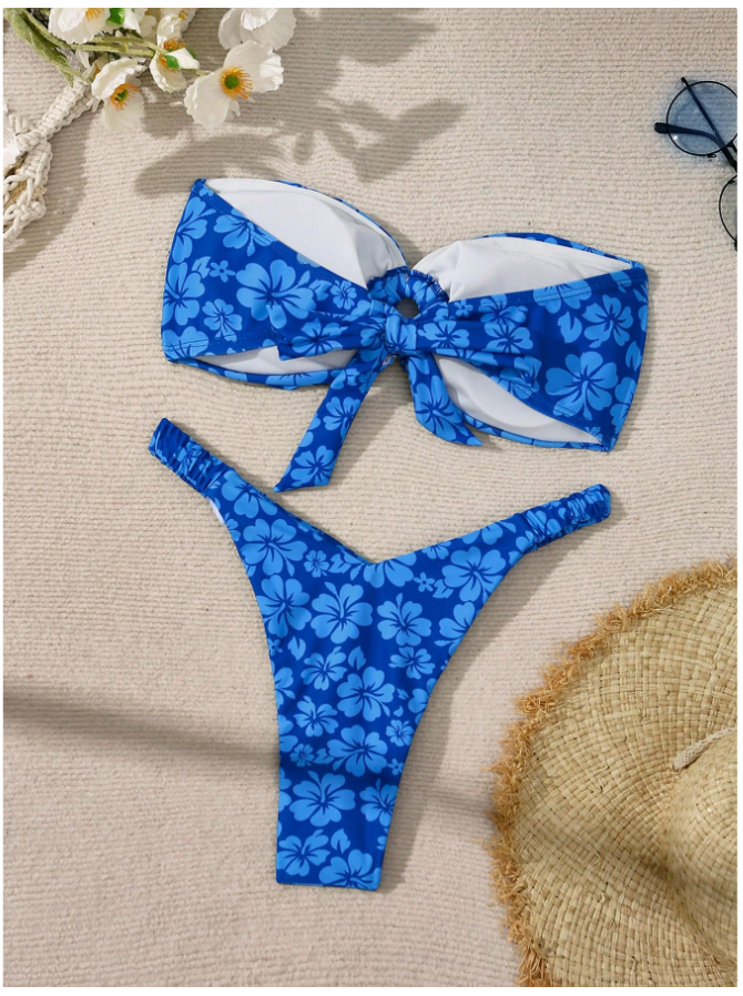 Traje de Baño Dos Piezas Azul Floral Top Sin Tirantes – Moderno y Seguro - 5746