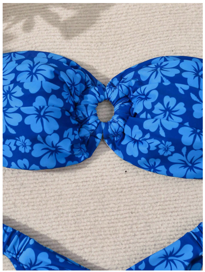 Traje de Baño Dos Piezas Azul Floral Top Sin Tirantes – Moderno y Seguro - 5746