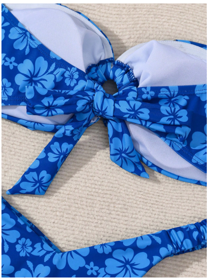 Traje de Baño Dos Piezas Azul Floral Top Sin Tirantes – Moderno y Seguro - 5746
