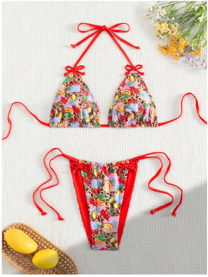 Traje de Baño Dos Piezas Estampado Limones Tirantes Rojos – Cítrico y Atrevido - 5747
