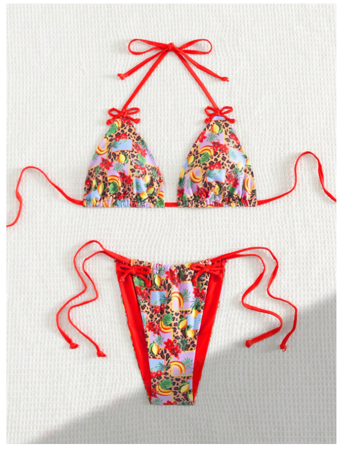 Traje de Baño Dos Piezas Estampado Limones Tirantes Rojos – Cítrico y Atrevido - 5747