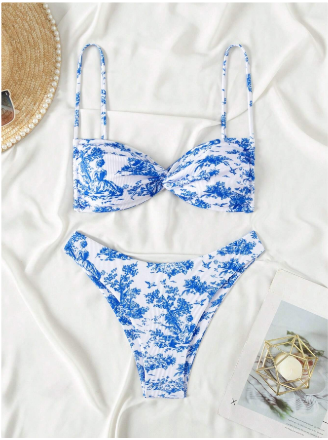 Traje de Baño Dos Piezas Estampados Azules de Tirantes – Frescura Marina - 5748