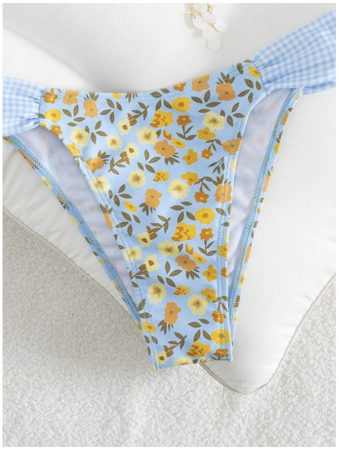 Traje de Baño Dos Piezas Celeste Floral Tirantes a Cuadros – Dulce y Original - 5750