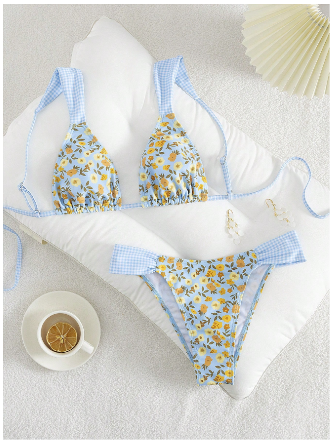 Traje de Baño Dos Piezas Celeste Floral Tirantes a Cuadros – Dulce y Original - 5750