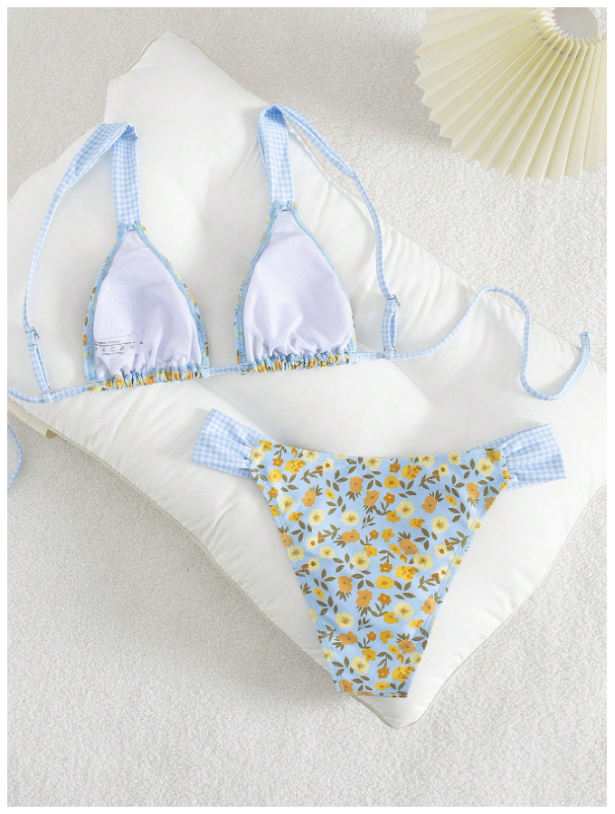 Traje de Baño Dos Piezas Celeste Floral Tirantes a Cuadros – Dulce y Original - 5750