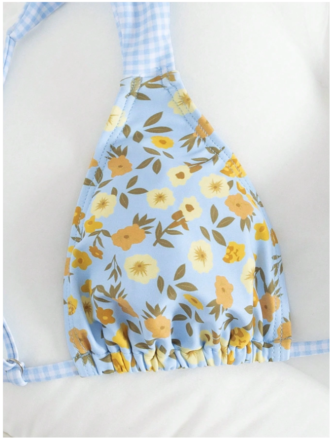 Traje de Baño Dos Piezas Celeste Floral Tirantes a Cuadros – Dulce y Original - 5750