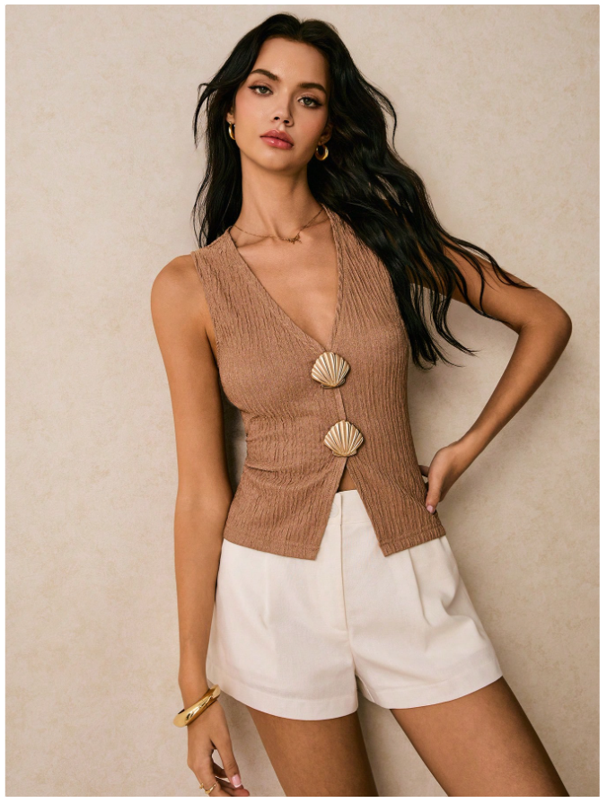 Crop Top Caqui Cuello V con Conchas Doradas – Boho Elegante - 5759