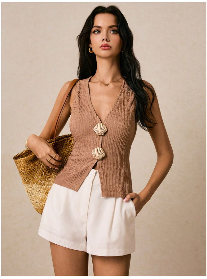 Crop Top Caqui Cuello V con Conchas Doradas – Boho Elegante - 5759