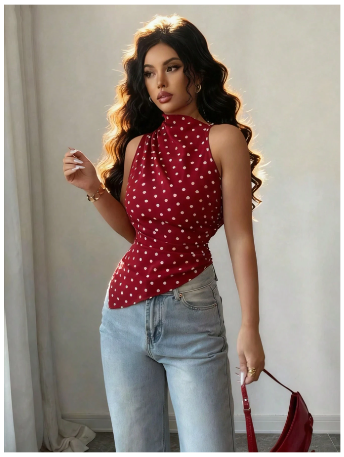 Camisa Roja con Lunares Cuello Alto Asimétrica Parte Inferior – Vanguardia en Rojo - 5760