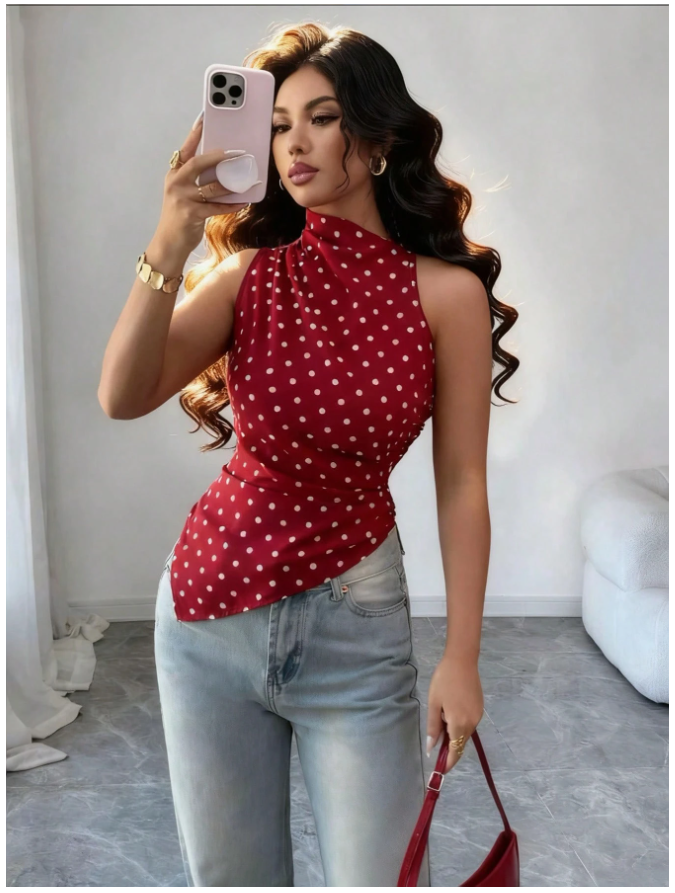 Camisa Roja con Lunares Cuello Alto Asimétrica Parte Inferior – Vanguardia en Rojo - 5760